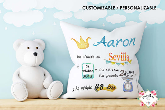 Cojín nacimiento de bebé personalizado con nombre y datos Bebé | Modelo Acuarela azul | Funda desenfundable (35cm x 35cm 40cm x 40cm)