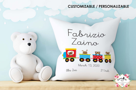 Cojín nacimiento de bebé personalizado con nombre y datos Bebé | Modelo Trenecito infantil  | Funda desenfundable (35cm x 35cm 40cm x 40cm)