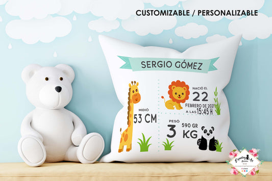 Cojín nacimiento de bebé personalizado con nombre y datos Bebé | Modelo animalitos zoo| Funda desenfundable (35cm x 35cm 40cm x 40cm)