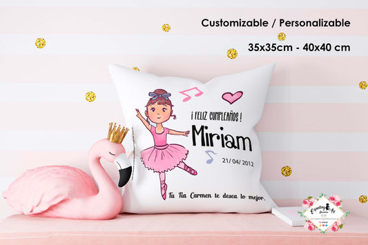 Cojín Cuadrado Personalizado con Nombre | Decoración Infantil Bailarina | Almohada de Poliéster de 40x40cm y 35x35cm