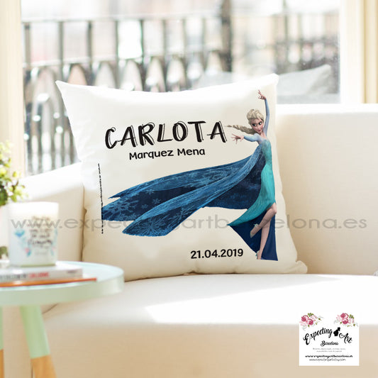 Cojín Cuadrado Personalizado con Nombre | Decoración Infantil Carlota princesa azul| Almohada de Poliéster de 40x40cm y 35x35cm