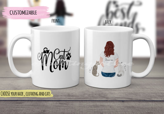 Taza Personalizada de Cerámica con Gato y Dueña - Taza Bonita de Amantes de Gatitos en Acuarela - Personalizable con Nombres