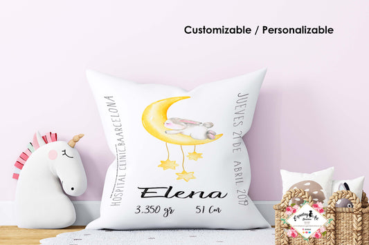 Cojín nacimiento de bebé personalizado con nombre y datos Bebé | Modelo Luna Elena | Funda desenfundable (35cm x 35cm 40cm x 40cm)