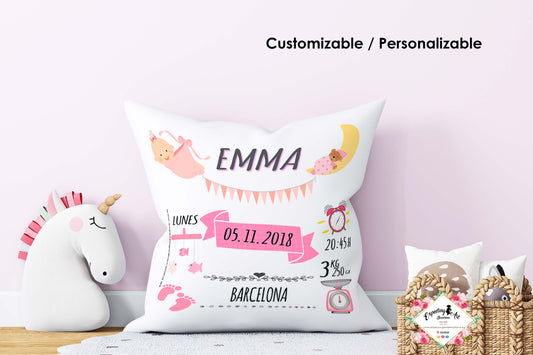 Cojín nacimiento de bebé personalizado con nombre y datos Bebé | Modelo Emma ribete| Funda desenfundable (35cm x 35cm 40cm x 40cm)