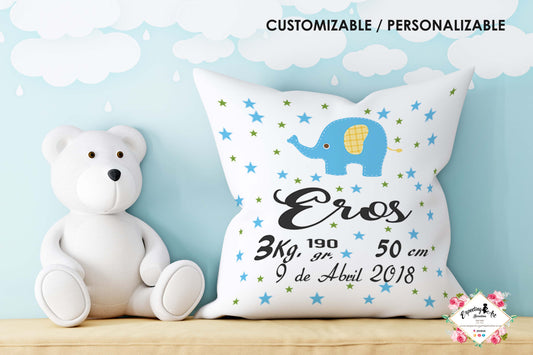 Cojín nacimiento de bebé personalizado con nombre y datos Bebé | Modelo Eros Elefantito | Funda desenfundable (35cm x 35cm 40cm x 40cm)