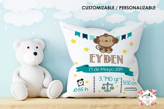 Cojín nacimiento de bebé personalizado con nombre y datos Bebé | Modelo Monito Eyden | Funda desenfundable (35cm x 35cm 40cm x 40cm)