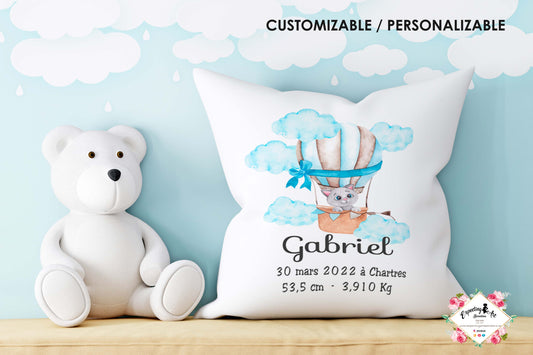 Cojín nacimiento de bebé personalizado con nombre y datos Bebé | Modelo Gabriel globo aeroestático| Funda desenfundable (35cm x 35cm 40cm x 40cm)