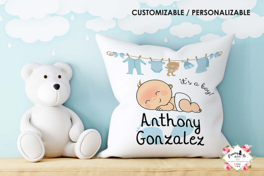 Cojín nacimiento de bebé personalizado con nombre y datos del bebé| Modelo Bebé Anthony| Funda desenfundable (35cm x 35cm 40cm x 40cm)