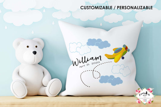 Cojín nacimiento de bebé personalizado con nombre | Modelo Avión William| Funda desenfundable (35cm x 35cm 40cm x 40cm)