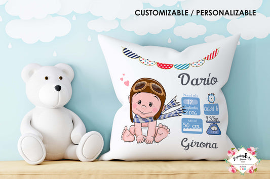 Cojín nacimiento de bebé personalizado con nombre| Modelo datos Bebé Darío| Funda desenfundable (35cm x 35cm 40cm x 40cm)