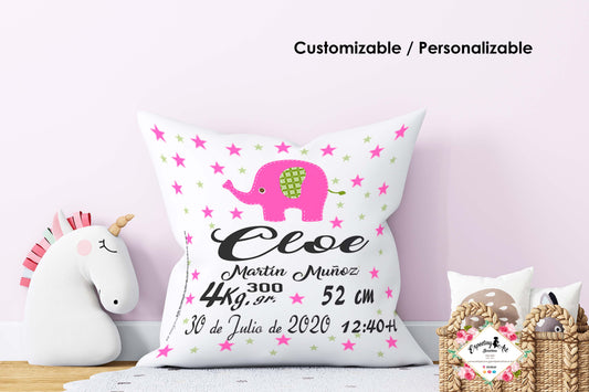 Cojín nacimiento de bebé personalizado con nombre| Modelo elefantita Chloe | Funda desenfundable (35cm x 35cm 40cm x 40cm)