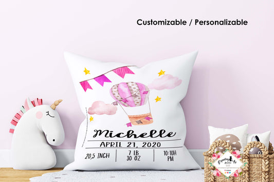 Cojín nacimiento de bebé personalizado con nombre y datos del bebé| Modelo Globo aerostático rosa Michelle | Funda desenfundable (35cm x 35cm 40cm x 40cm)