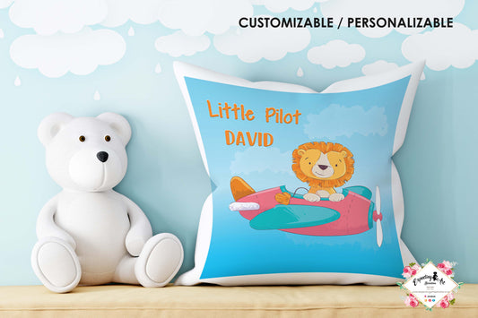 Cojín nacimiento de bebé personalizado con nombre | Modelo Avión leoncito Piloto David| Funda desenfundable (35cm x 35cm 40cm x 40cm)