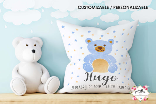 Cojín nacimiento de bebé personalizado con nombre| Modelo Osito azul Hugo| Funda desenfundable (35cm x 35cm 40cm x 40cm)