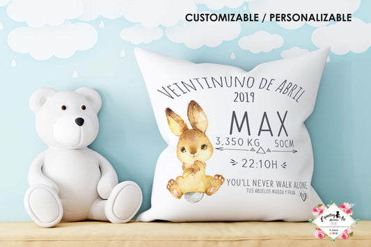 Cojín nacimiento de bebé personalizado con nombre| Modelo Conejito Max| Funda desenfundable (35cm x 35cm 40cm x 40cm)